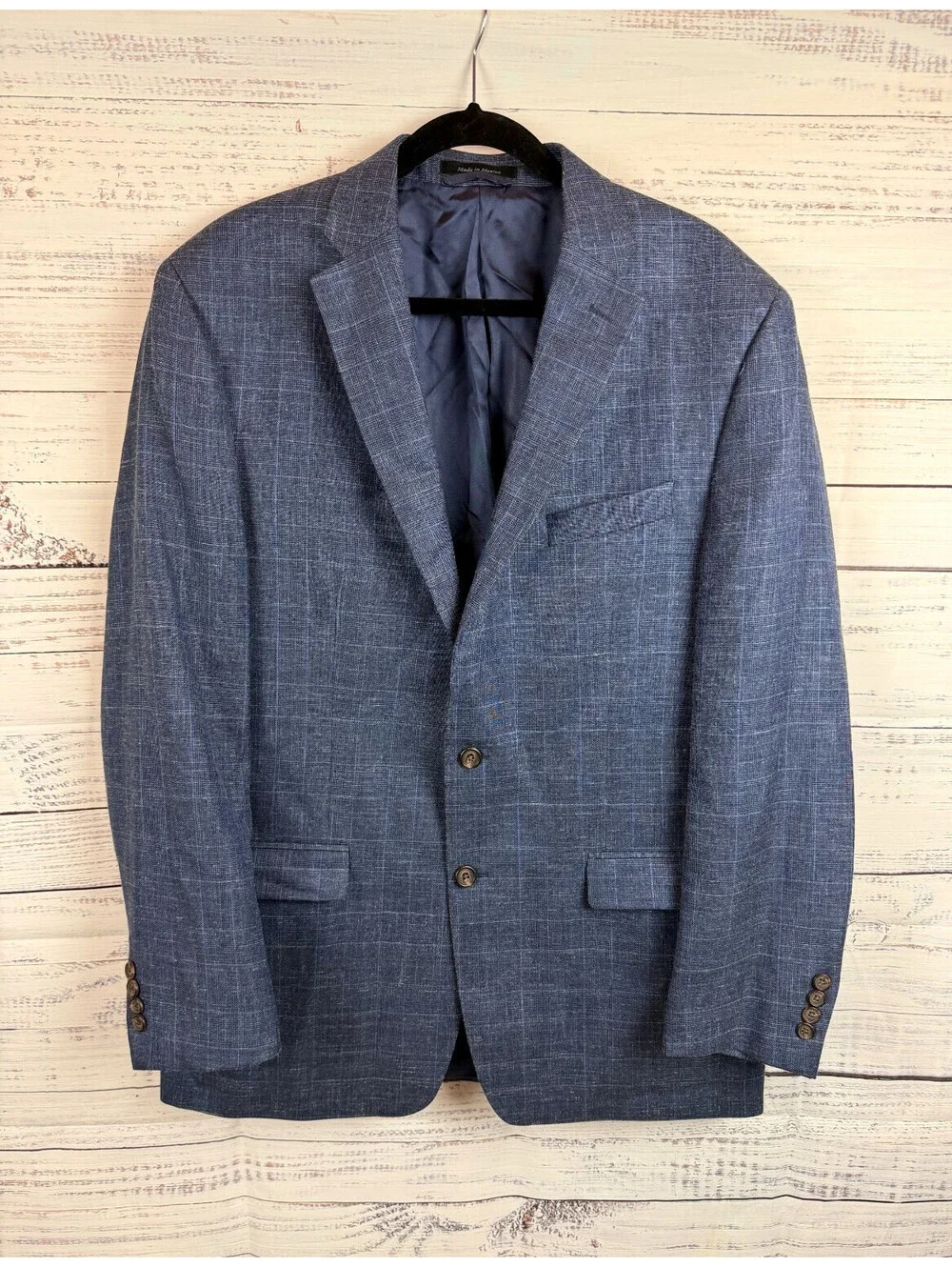 RALPH LAUREN LAUREN blue check wool silk linen mens jacket blazer 44L NWOT
